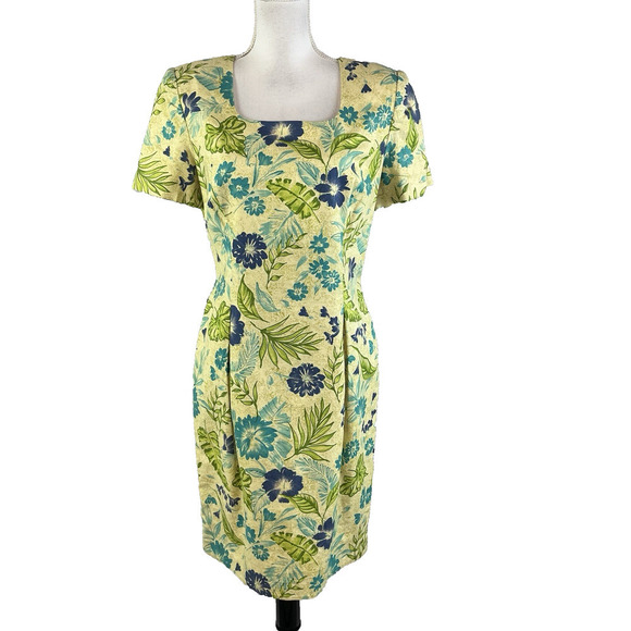 Maggy London Dress size 10 Green Blue Floral Linen Straight Knee Church Wedding - Picture 1 of 12